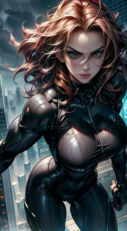 beautiful female supervillain, perfect body proportions, curvaceous yet slim, generous curves, (big breasts:1.5), bodysuit armor, futuristic, eye patch on one eye, long wavy redhead, gorgeous eyes, serious, rooftop of a skyscraper, stormy sky, photorealist...