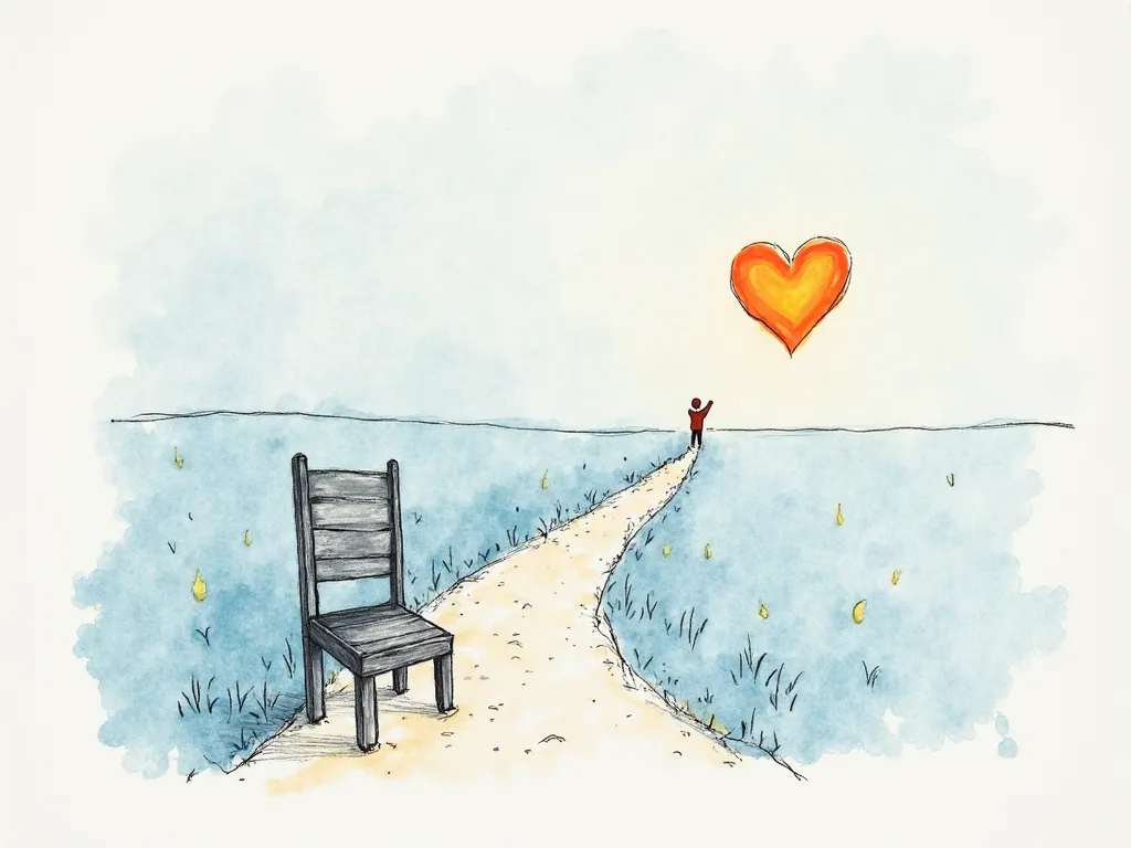 A symbolic drawing incorporating an empty chair, a reaching hand, a path leading to a distant light, or a half-drawn heart, using muted blue and a small amount of warm color (like orange or yellow) to represent the longing for a father's love. 