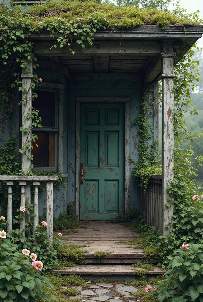 Abandoned shaby porch with plants shrubs and foliage 