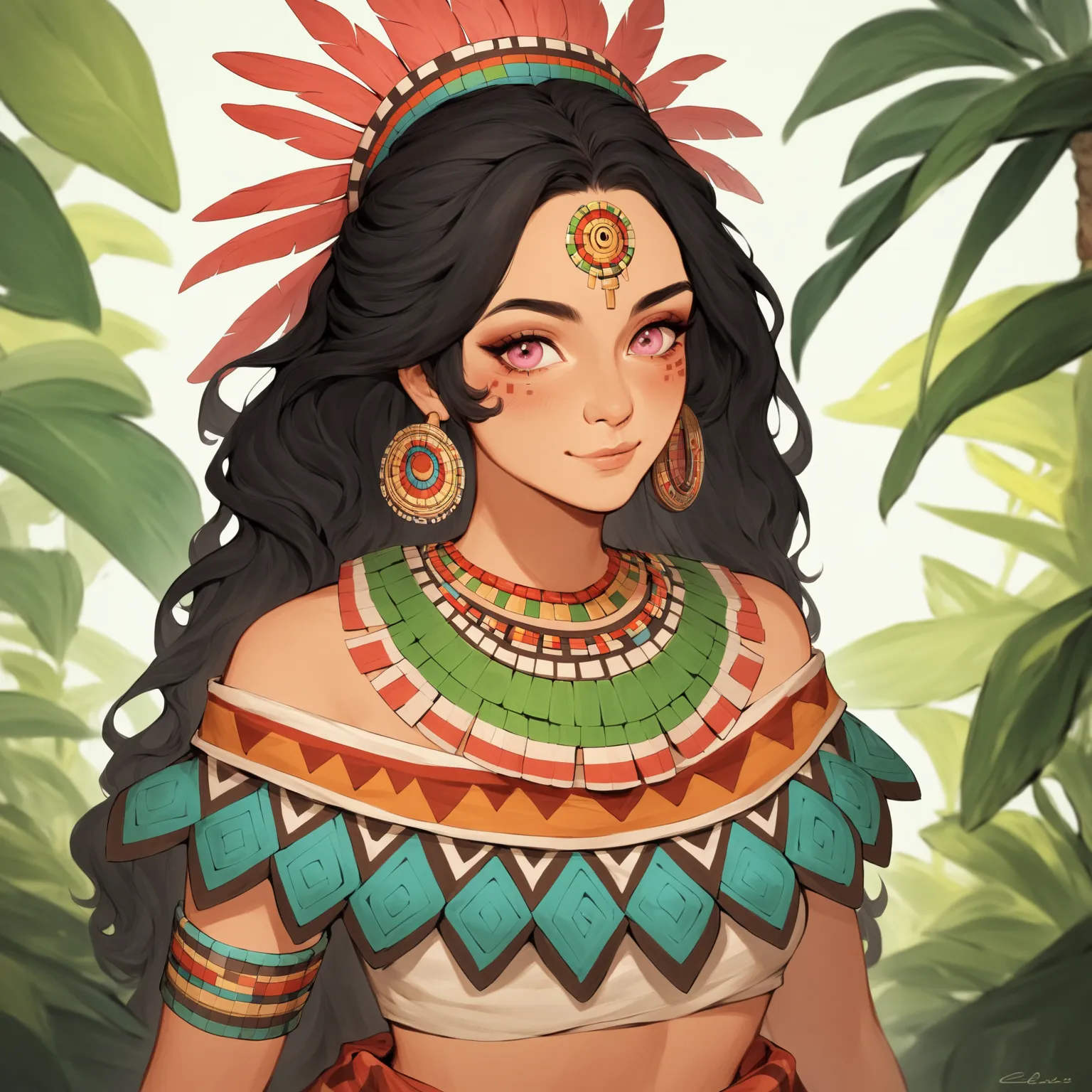 1girl, aztec girl, beautiful girl, adult girl, aztec ornament, black hair, long hair, pink eyes, (beautiful multicolored chest band:1.0), multicolored skirt, human ears, in full growth, light blush, thoughtful face, (anime style:1.0), white skin, imperious...