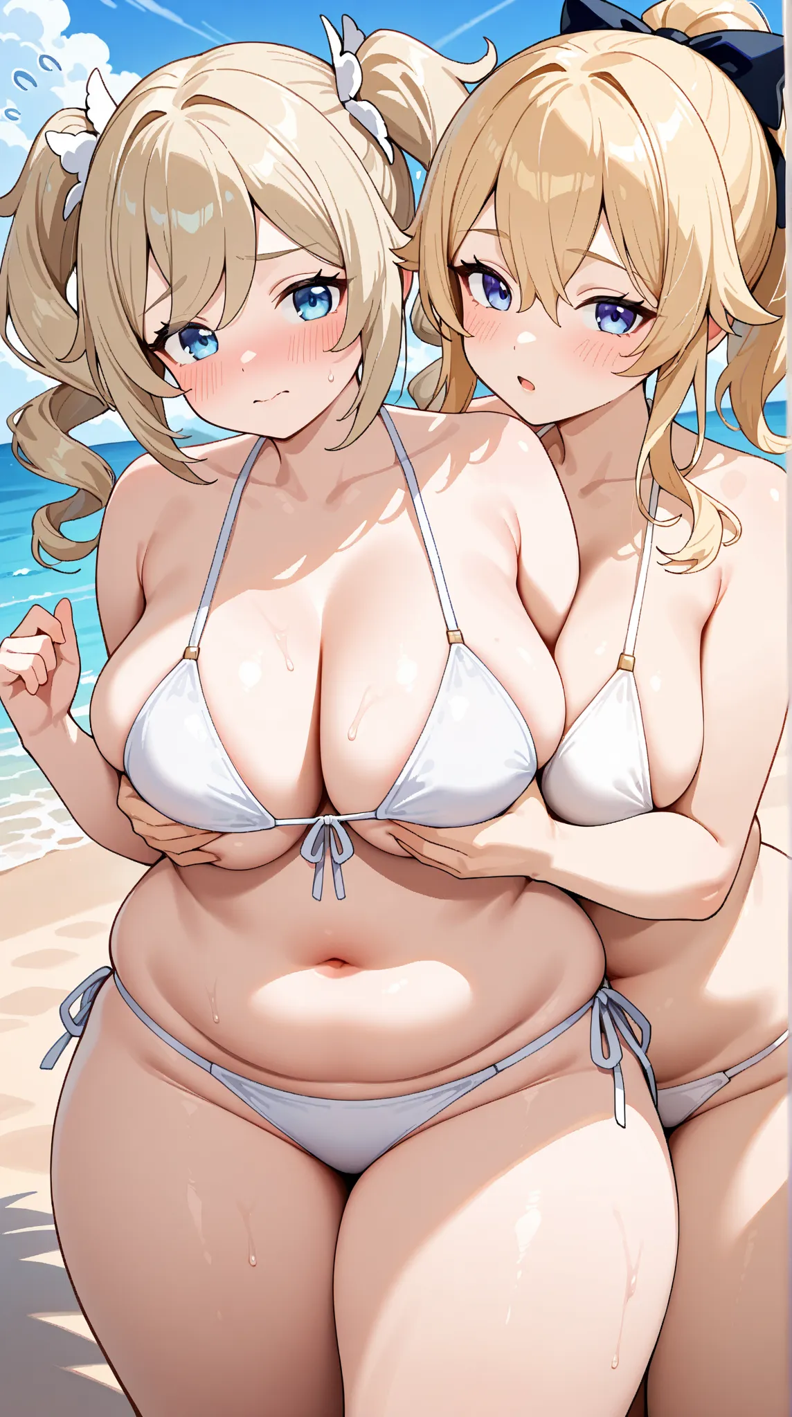  2girls,jean (genshin impact), long hair, looking at viewer, blue eyes, blonde hair, large breasts, thick thighs, ponytail, hair bow, outdoors, white bikini, chubby, embarrassed, beach,fat,fat,

barbara (genshin impact), long hair, looking at viewer, blush...