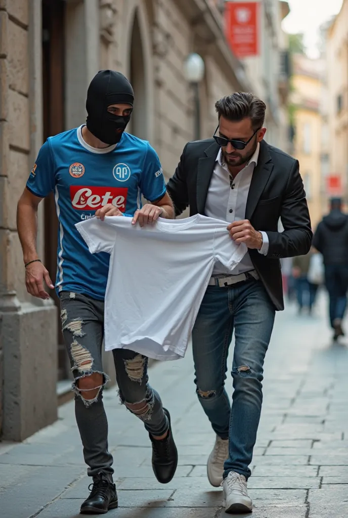 An elegant man chasing a thief, the thief wears ripped jeans at the knees, a black ski mask, and the Napoli shirt with sponsor Lete, and the elegant man pulls him a white t-shirt that the thief was stealing