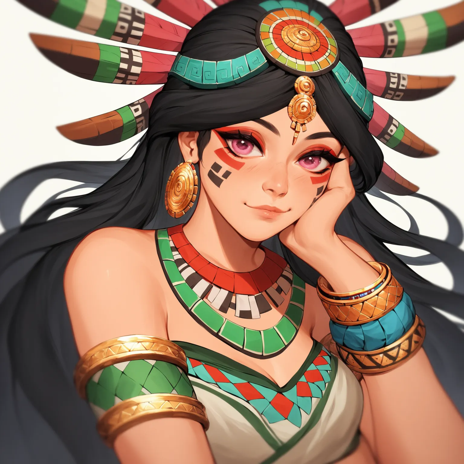 1girl, aztec girl, beautiful girl, adult girl, aztec ornament, black hair, long hair, pink eyes, (beautiful multicolored chest band:1.0), multicolored skirt, human ears, in full growth, light blush, thoughtful face, (anime style:1.0), white skin, imperious...