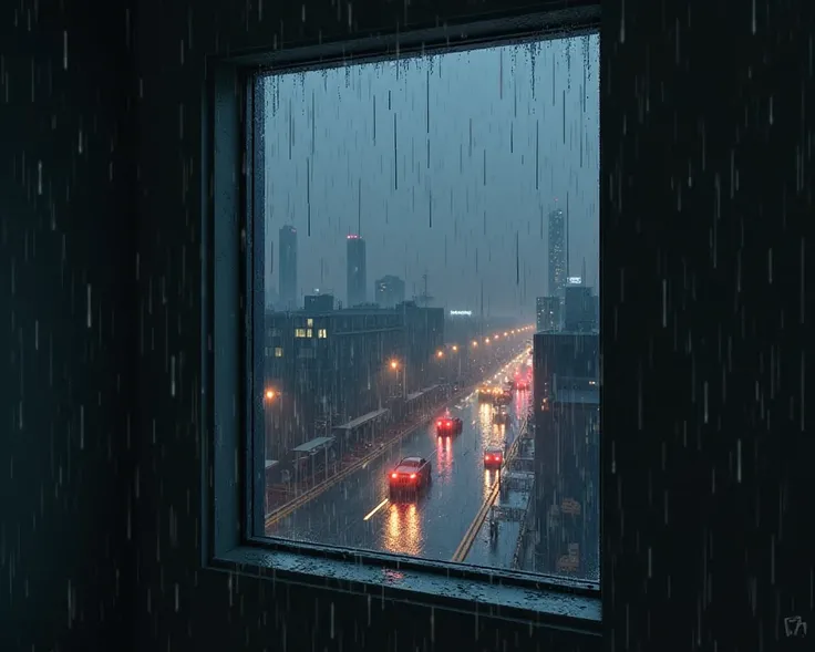 "I want a rainy city night view, the kind you see from a high-rise building through a window. Cars are moving, rain is falling, and the surroundings are calm and peaceful."