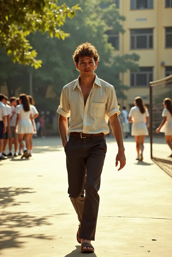 A young Vietnamese male student in the 1970s walks through the schoolyard with a carefree and rebellious aura. He wears a slightly unbuttoned white shirt with the sleeves casually rolled up, paired with dark trousers and worn-out sandals. His hair is sligh...