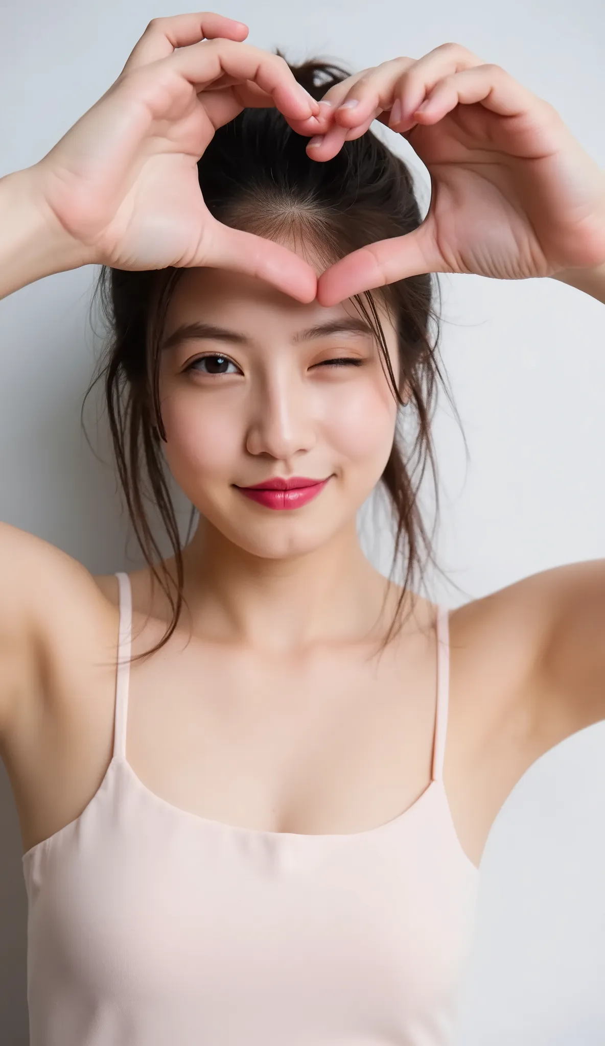 She smiles, wears a camisole, makes a heart shape with both hands, and poses in front of her chest, She's holding one eye and making a cute wink