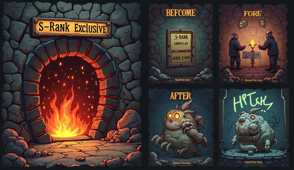 A menacing dungeon portal labeled “S-Rank Exclusive: NO ESCAPE” with flames coming out of it.
A hunter’s mission board showing “Recommended Level: 100+” while they sigh.
A “Before & After” image: Left side—S-rank thinking it’ll be easy; Right side—same S-r...