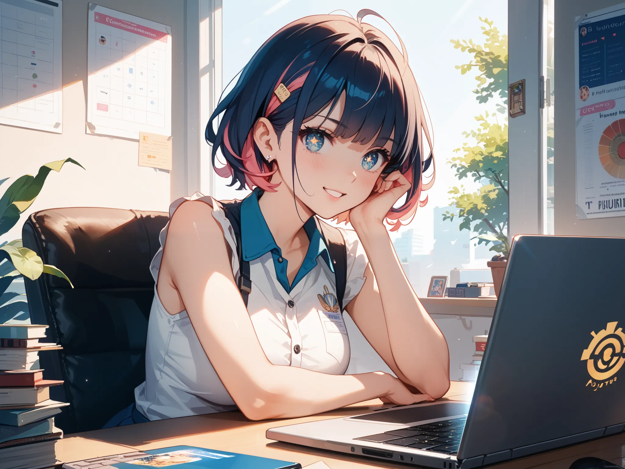 An anime-style girl with a determined and ambitious expression, symbolizing success in side hustles. She has bright, sparkling eyes filled with motivation and pastel-colored hair styled in a trendy way. Wearing a smart-casual outfit, she is sitting at a de...