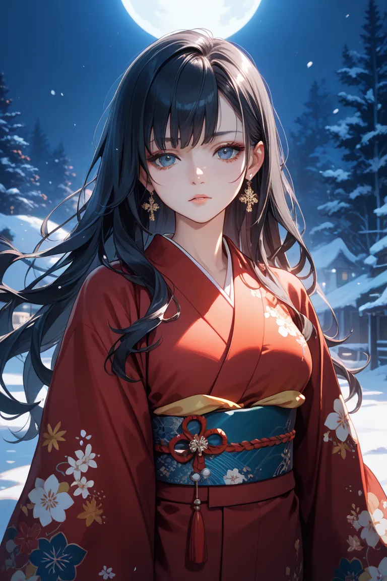  kimono　woman　 black hair　 long hair 　night　winter　 moonlight 　sad expression　The color of the clothes is red kimono