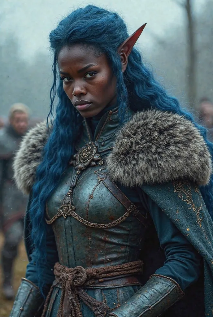 Upper body shot, African woman, pointed elf ears, dark skin, blue velvet hair, closed mouth, ancient Nordic armor with wolf fur cape, combat pose, dynamic pose, complex fantasy character, NSFW, cinematic lighting, fantasy, magic, detailed background, on a ...