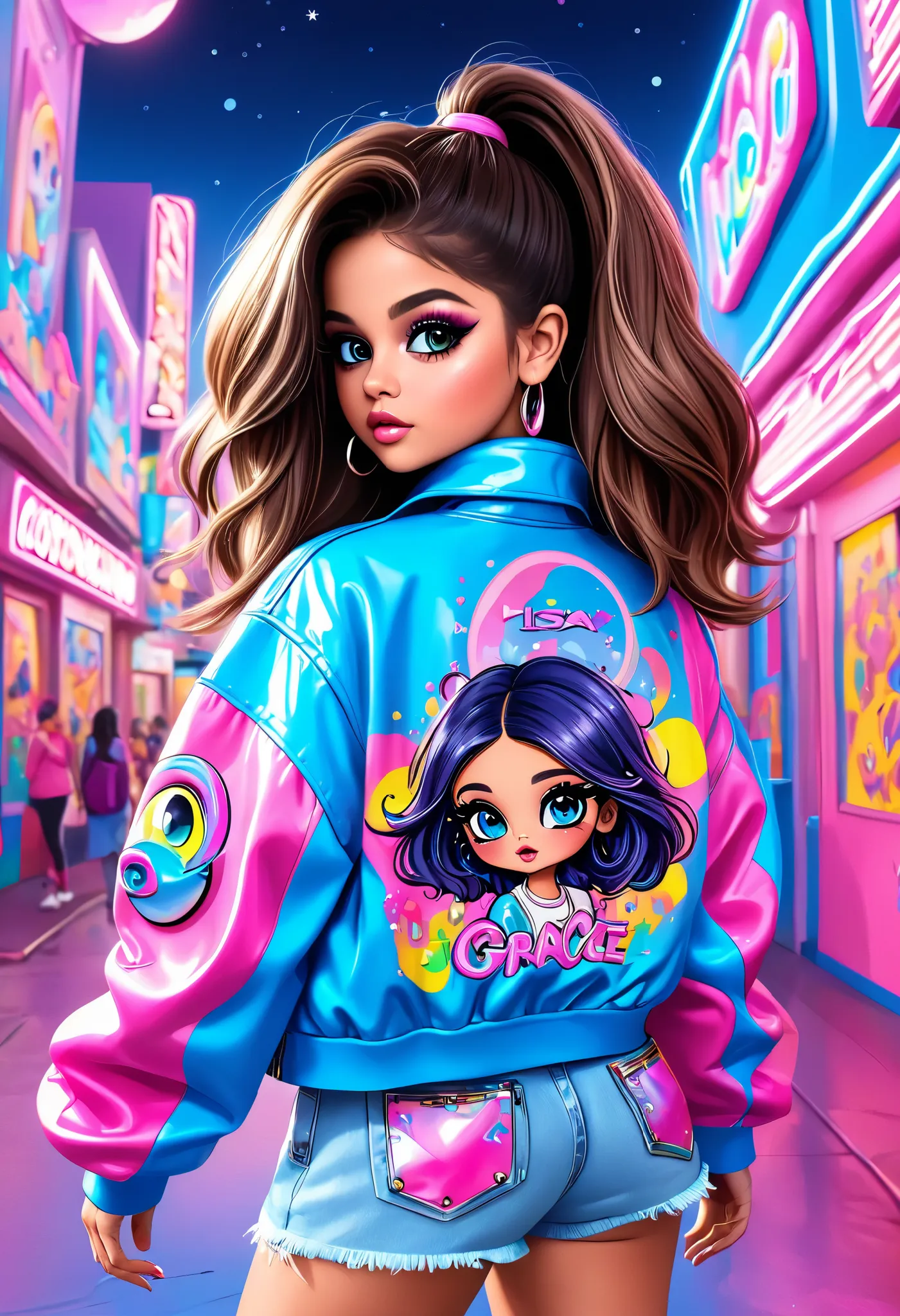 (Selena Gomez), Woman with pink and blue makeup and a pink and blue jacket, brown girl in a cosmic dress, Cartoon-Look, ava max, big eyes, Lisa-Frank-Style, lange braune Haare und big eyes, Ahegao face, Alexa Grace, wearing an atompunk overall, inspired by...