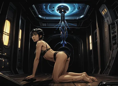 Girl in her 40s with short black hair similar to Lieutenant Ripley from the Alien saga, full body view, stop, standing and on his back with his head looking at his side,  surprised. She is in her underwear, He has an Evangelion-style space suit that is on ...