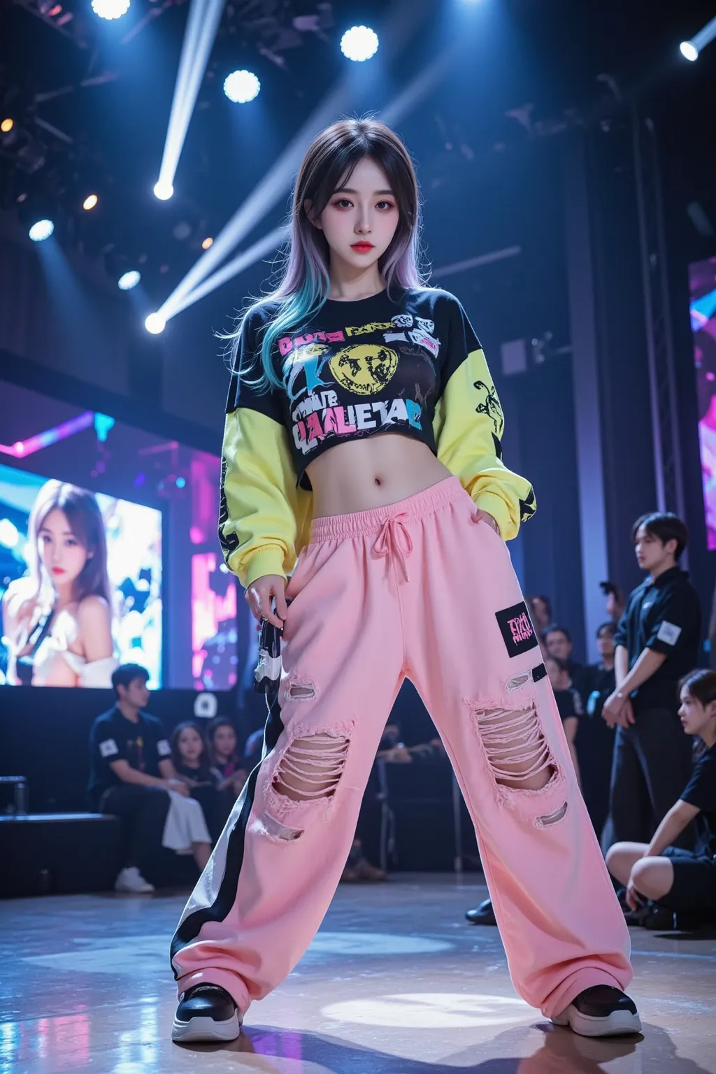 A breathtakingly beautiful young woman commands the massive live stage, surrounded by vibrant neon lights, LED panels, and dynamic spotlights. She exudes the charisma of a top-tier K-pop idol, striking a powerful and expressive dance pose, holding a sleek,...