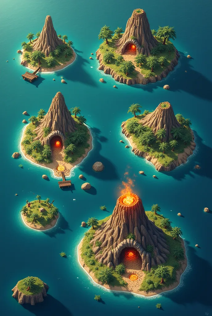 create a map with the following islands: Island 1 (Iron Forger): An island with iron mountains and burning furnaces.
Island 2 (Steel Golem): A metal island with mechanical giants and ore caves.
Island 3 (Forged by Fire): Volcanoes and lava rivers with magi...