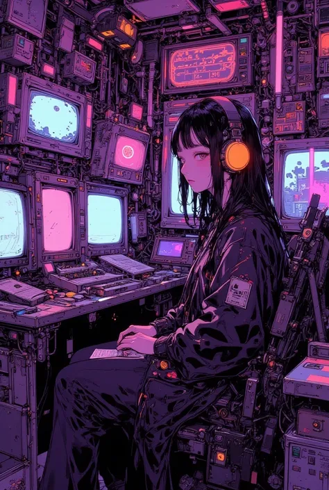   The woman is sitting on a wall full of monitors  , Her room was full of computer monitors with no gaps,  Decorative Space Paintings       , Gameplay screenshots  ,     colorful anti-utopian futurism ,   Retrofuturistic Digital Painting,   Amazing Anime  ...