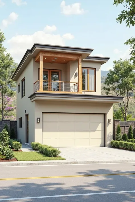 A modern two-story house with the ground floor dedicated exclusively to a garage. The upper floor has a total area of 56m² and includes two bedrooms, one bathroom, and an open-concept living room and kitchen. The house is painted in beige, featuring a cont...