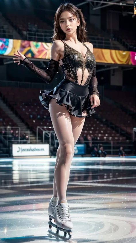 (8k, best quality:1.3, extremely detailed:1.2, perfect anatomy, beautiful Japanese woman, 18 years old, healthy thighs, beautiful legs, beautiful skin, random hair color, random hairstyle, large breasts, female figure skater, (figure skating outfit:1.3), (...