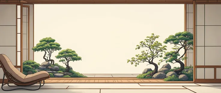 illustration in soft colors predominating , minimalism of a Japanese style living room with window to see the minimalist Japanese garden with bonsai trees, the stage evokes energy and elegance