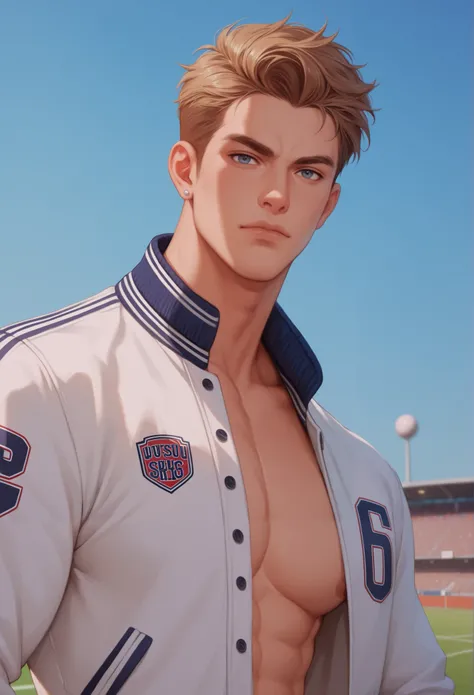 A handsome athletic build man in his 20s, hair across his face, he is in a varsity letterman jacket. He is looking at the viewer. serious expression, The background is an urban football field. confident pose.