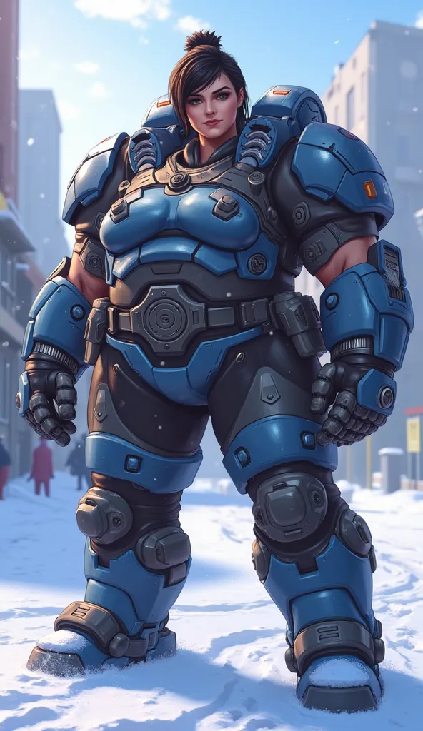 Mei from overwatch, Huge muscle woman anime, tank armor protction winter big body, chubby giantess  ass sits down gun big strong arms 