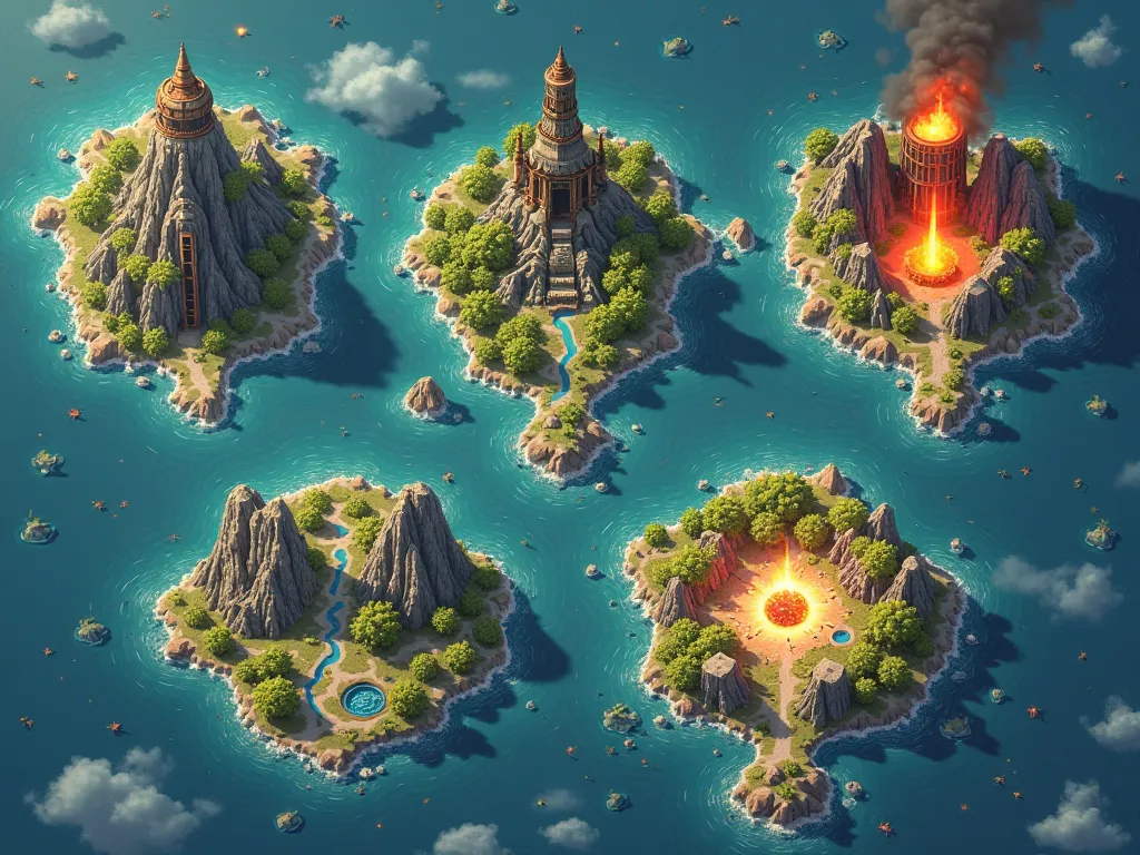 create a map with the following islands: Island 1 (Iron Forger): An island with iron mountains and burning furnaces.
Island 2 (Steel Golem): A metal island with mechanical giants and ore caves.
Island 3 (Forged by Fire): Volcanoes and lava rivers with magi...