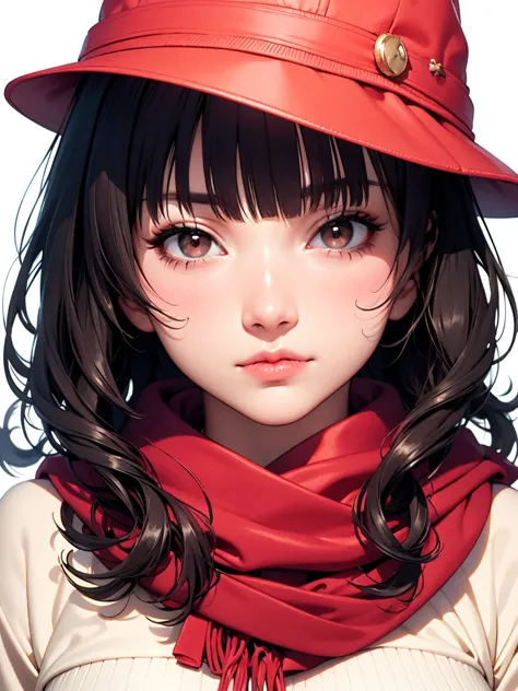 A wide-brimmed beige or brown fedora partially covers her face, (leaving only her nose and lips slightly visible. Fine, wavy strands of hair flow from under the hat:1.3). mature attractive old Japanese 50s woman, (red scarf:1.3), (black hair, mixed light p...