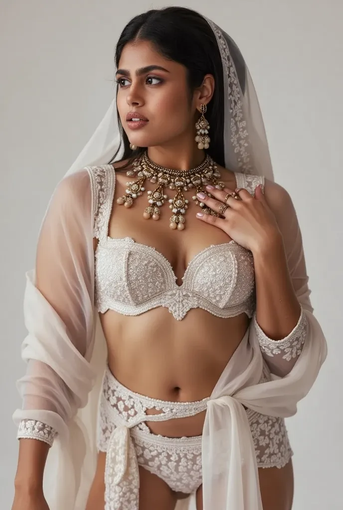 Indian muslim woman dressed white transparent bikini, big breast, deep cleavage, head cover with hijab, white paint drops on her breasts and navel, 