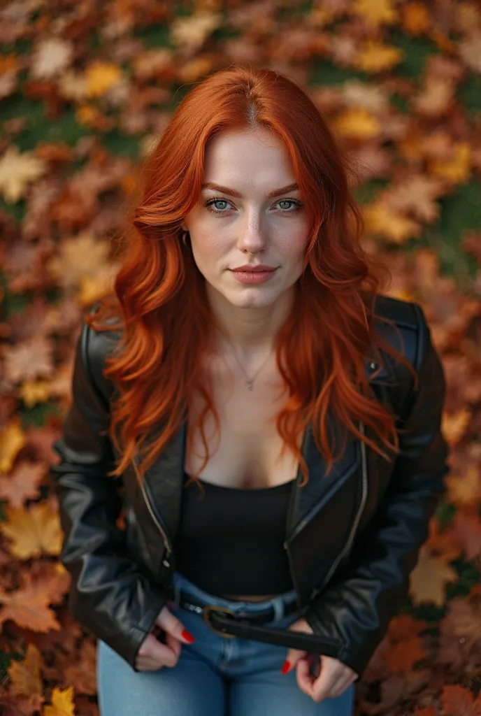 Beautiful redhead girl 25-30 years old with red wavy long hair in a black leather jacket, black top and jeans Selit in autumn leaves, top view, 24 mm camera