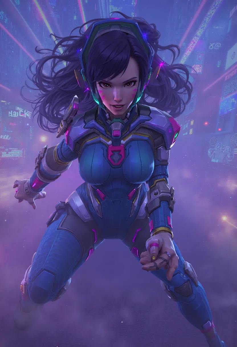 D.Va - Overwatch, photorealistic, 8K, highres, detailed facial features, dynamic pose, mech suit, in combat stance, fierce expression, bright neon colors, glowing HUD, futuristic city background, power armor, cyberpunk, digital art