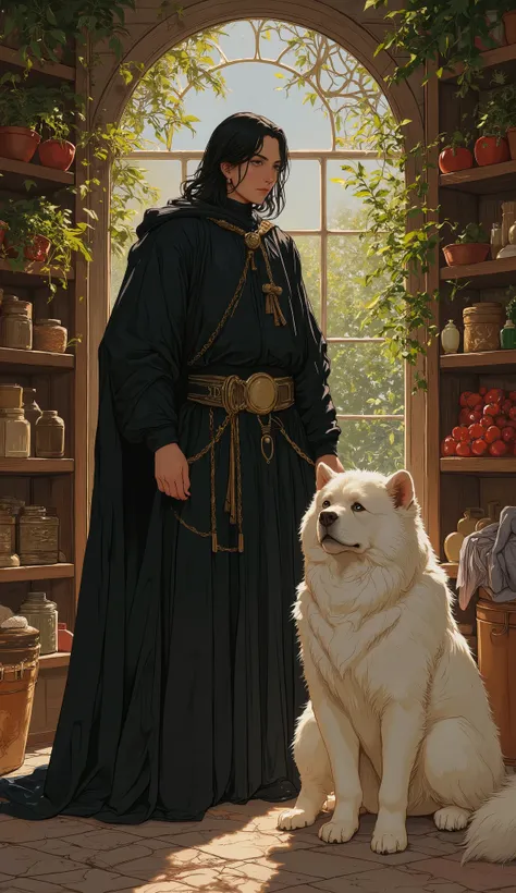 ((fullbody))in jc leyendecker and paul cadmus art style, "the healer", fullbody, close up big white Chow Chow dog, perfect anatomy, the merchant, shelves with HERBS, FRUITS, LITTLE BOXES, VEGETABLES, GRAINS, DUMBBELLS , reach intricate background LARGE WIN...