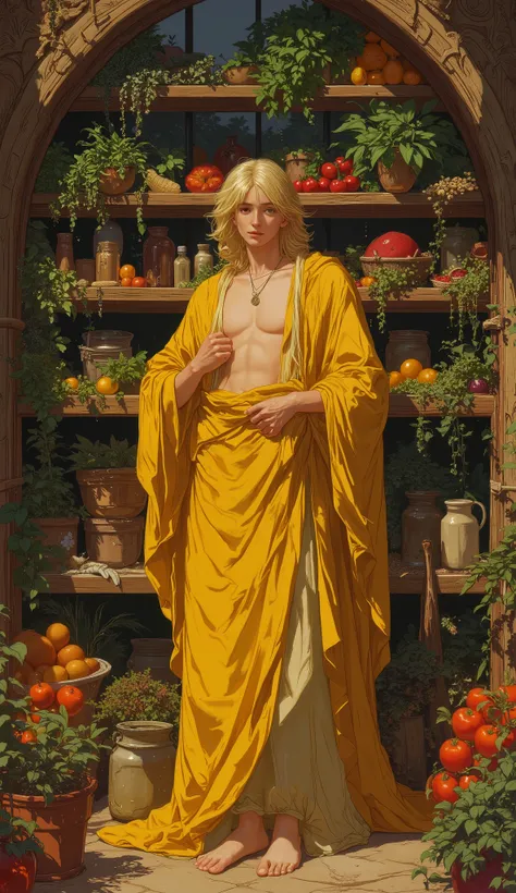 rompts Copy ((fullbody))in jc leyendecker and paul cadmus art style, "the healer", fullbody, close up big blonde wolf, perfect anatomy, the merchant, shelves with HERBS, FRUITS, LITTLE BOXES, VEGETABLES, GRAINS, DUMBBELLS , reach intricate background LARGE...