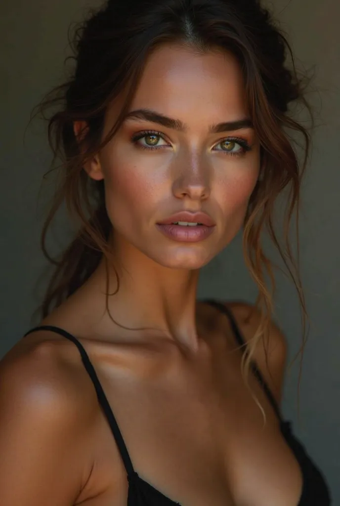  A brown woman, defined jaw, green eyes,  Sign under the eye ,  beautiful, full lips, model body, big breasted,  very thin 