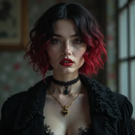 Full bodied girl possessed , lips, perfect face,higher resolution, 8K,Girl with short hair ,half of black hair and the other half of red hair, wavy hair,  Gothic,ropa  Gothic