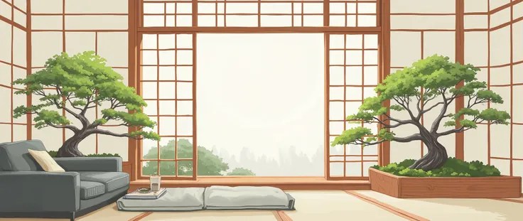illustration in soft colors predominating , minimalism of a Japanese style living room with window to see the minimalist Japanese garden with bonsai trees, the stage evokes energy and elegance