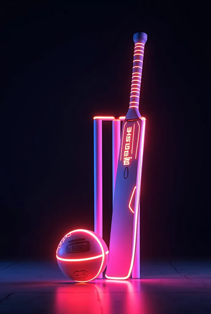 A neon cricket stump with  bat and boll with a black background