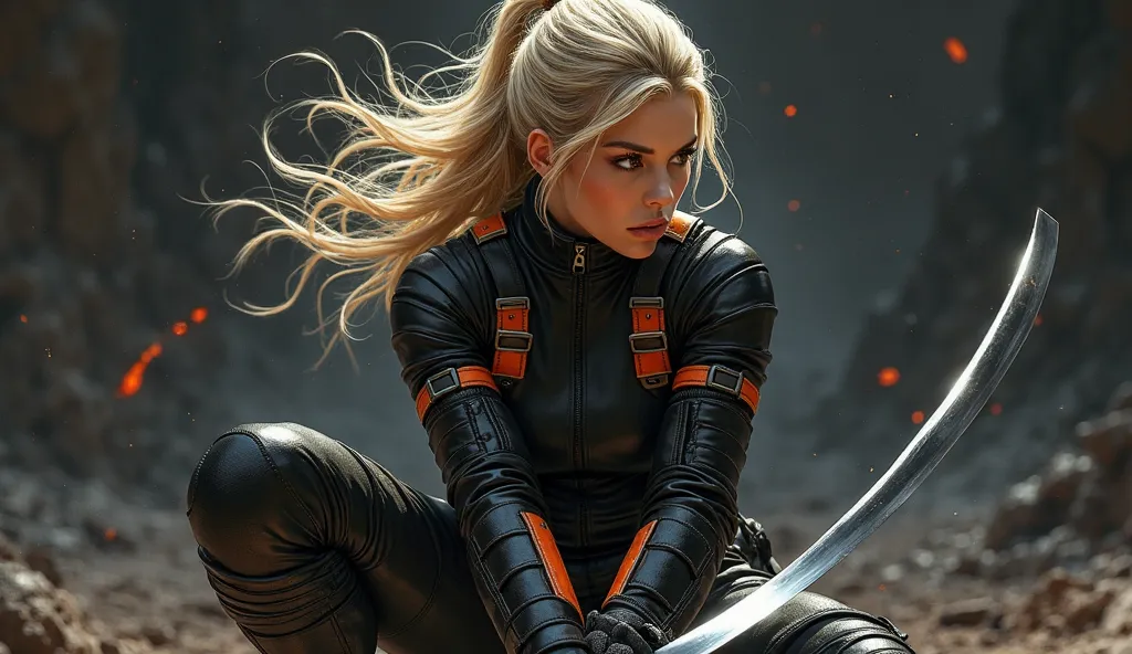 A dynamic, hyperrealistic illustration of a female warrior in a crouching, action pose. She is dressed in black leather-like armor with bold orange accents in the form of straps and buckles. The armor is sleek and form-fitting, emphasizing her athletic bui...