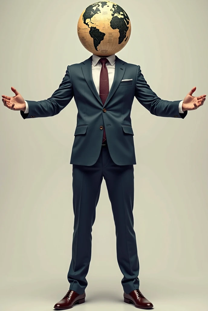 Guy on suit instead of head has a world map circle as his head, no head. He has the world ball as his head. And wearing a suite give me more than one image, one of them is him opening his arms to welcome, no background  and the word Gojo written on top of ...