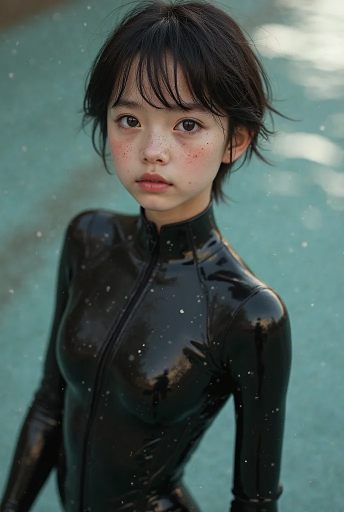 Hyperrealism. Attractive young age girl wearing a black detailed diving suit and high heavy boots with really thick soles. Full height, from the top of the head to the feet. Short skinny tiny tits girl in technical competition wetsuit with cameltoe. She ha...