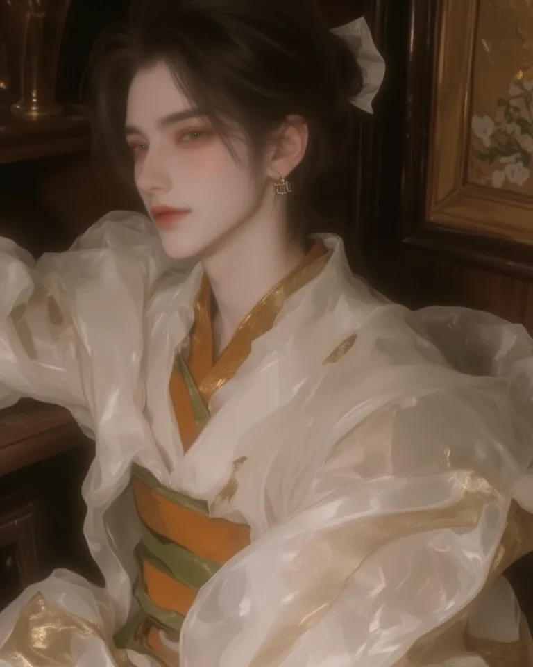 (((Male Comic Characters)))，design an elegant male character in kimono，25 years old ，Japanese women's kimono， dressed in white with a gold orange green rolling edge with a base ，gorgeous 。  hair is black ，Hair bun hair， Exposed Forehead 。Skin White，light b...