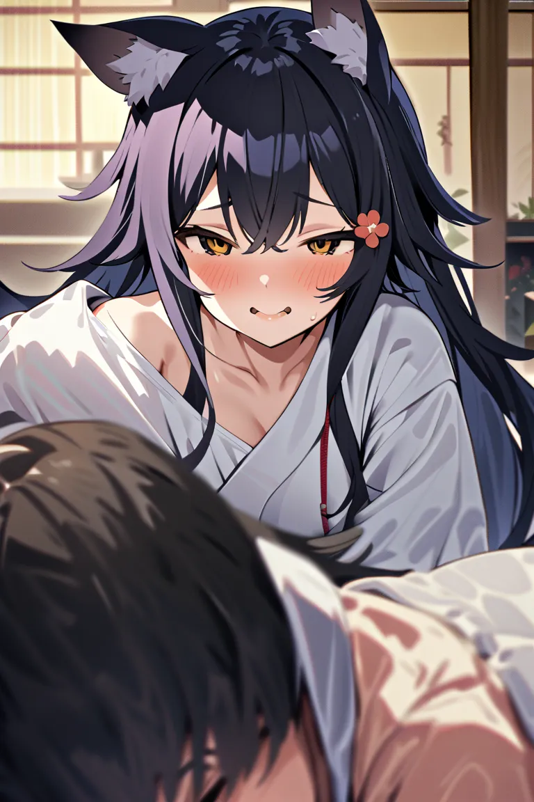 nsfw,masterpiece,Best Quality,  High resolution downward , is very detailed,Daishinmi  \( Holographic Live Broadcast \),  very long hair, Dark Hair,Wolf ears,hair accessories, ,Japanese style room, ,[Sofa bed, face, Sleepy face ,  Sexy Charm ,Sweat, hollow...