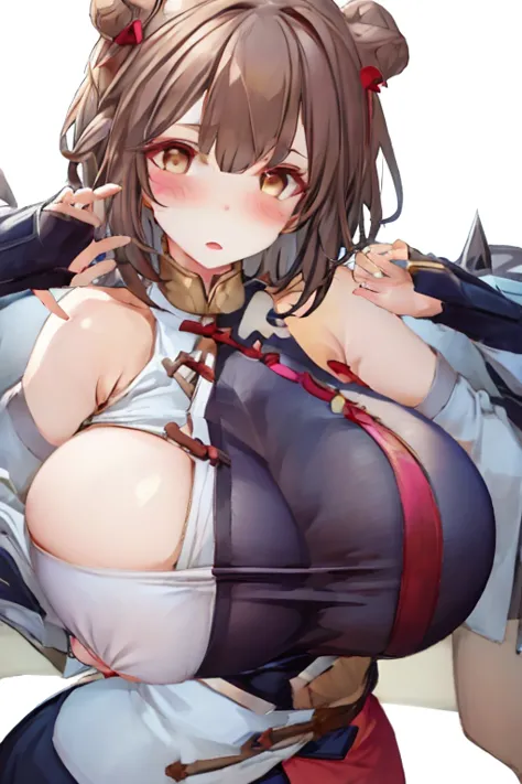 1girls, bara, Blush, Short Hair Hair, simple background, brunette hair, White background, Brown eyes, mediuml breasts, Upper body, , Single Focus, Separated limbs,
//
1boy,POV Hand, (One hand.:1.2), Breast popping, emerge ,