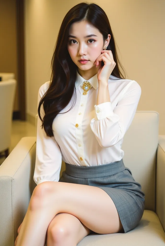 a young woman seated on a light-colored chair in an indoor setting, likely an office or lounge. She has long, dark hair styled neatly, and her expression is poised and confident. She is dressed in a professional yet stylish outfit, consisting of a white bl...