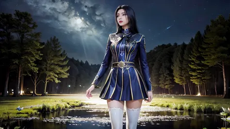 masterpiece,best quality,official art,extremely detailed CG unity 8k wallpaper,realistic,light rays,light particles, 1girl,solo,black_hair,long_hair,standing,chinese_clothes,short skirt, blue theme,starry background,starry sky,night,reflection,night sky,ou...