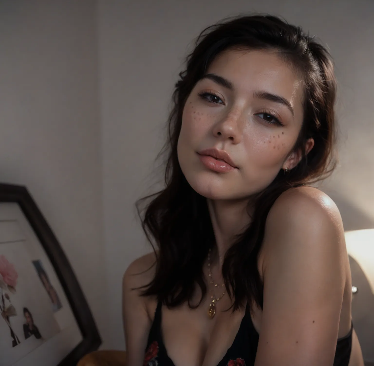 a young Asian woman, 20 years old, black blouse, short black hair with bangs, black eyes, full lips, light makeup, highly detailed facial features, freckles, fair skin, sensual and delicate features, large breasts, Necklace Golden, piercing golden nose, bi...