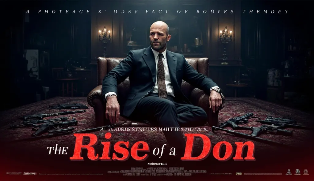 Jason Statham sitting next to a weapons at the gangster house, title text "RISE OF A DON", style of youTube thumbnail Looking at viewer, 