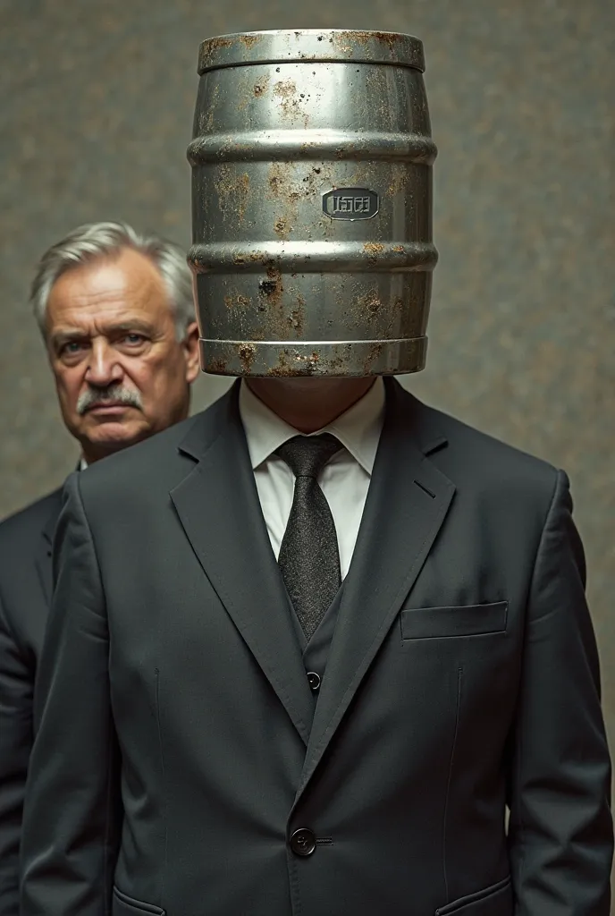 Viktor Orbán wears a metal KEG beer barrel in a suit, with another man