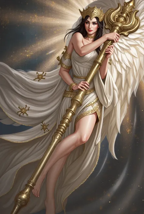 a woman dress up as greek myth god, holding this glaive, the woman is slim and has angelic wings 