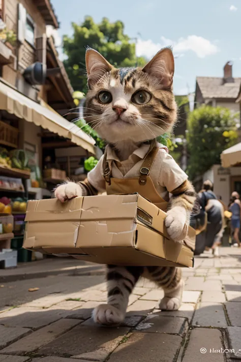 The cat was carrying a box of vegetables to the shop.