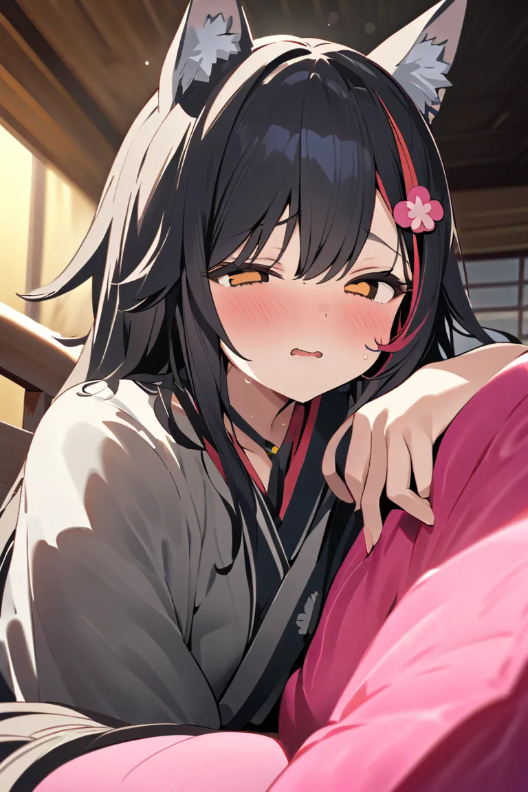 nsfw,masterpiece,Best Quality,  High resolution downward , is very detailed,Daishinmi  \( Holographic Live Broadcast \),  very long hair, Dark Hair,Wolf ears,hair accessories, ,Japanese style room, ,[Sofa bed, face, Sleepy face ,  Sexy Charm ,Sweat, hollow...