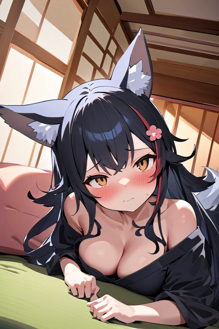 nsfw,masterpiece,Best Quality,  High resolution downward , is very detailed,Daishinmi  \( Holographic Live Broadcast \),  very long hair, Dark Hair,Wolf ears,hair accessories, ,Japanese style room, ,[Sofa bed, face, Sleepy face ,  Sexy Charm ,Sweat, hollow...